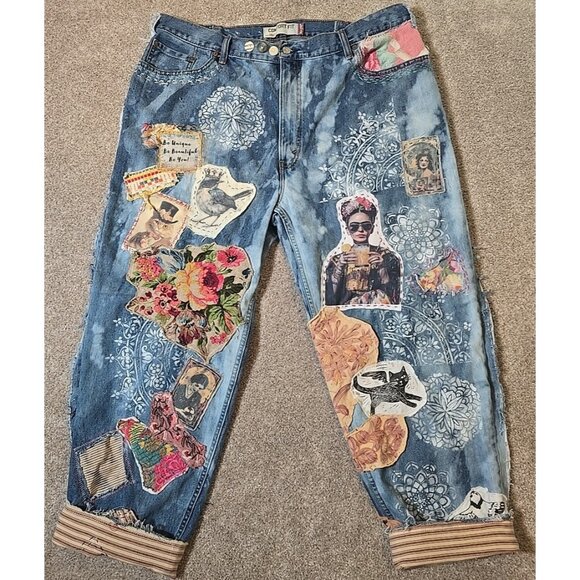 OOAK Magnolia Boho Reworked Levi Jeans Upcycle Indie Cat Boyfriend Adjusts 36-42 - Picture 1 of 16